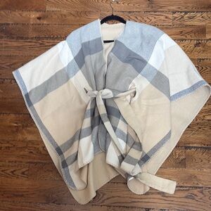 Beige and Gray Plaid Poncho
